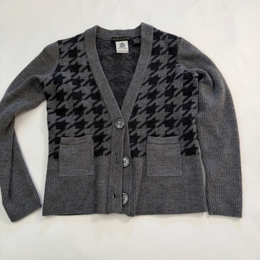 PRESWICK & MOORE Womens Merino Wool Houndstooth Cardigan Sweater Ivy Old Money S